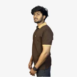 Men's Brown Cotton Polo T-Shirt with Beige Collar | Classic Casual Half Sleeve Tee